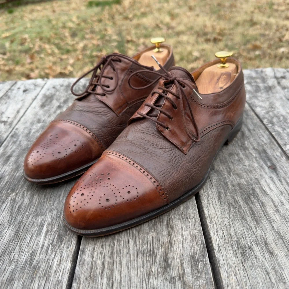 Paolo De Marco Mens Brown Leather Brogue Cap Toe Derby Dress Shoes Size 11 Spain - Picture 1 of 11